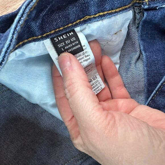 Shein Rock Baby Jeans Women’s L Blue Denim Smiley Face Patch Distressed Y2K - Picture 6 of 8